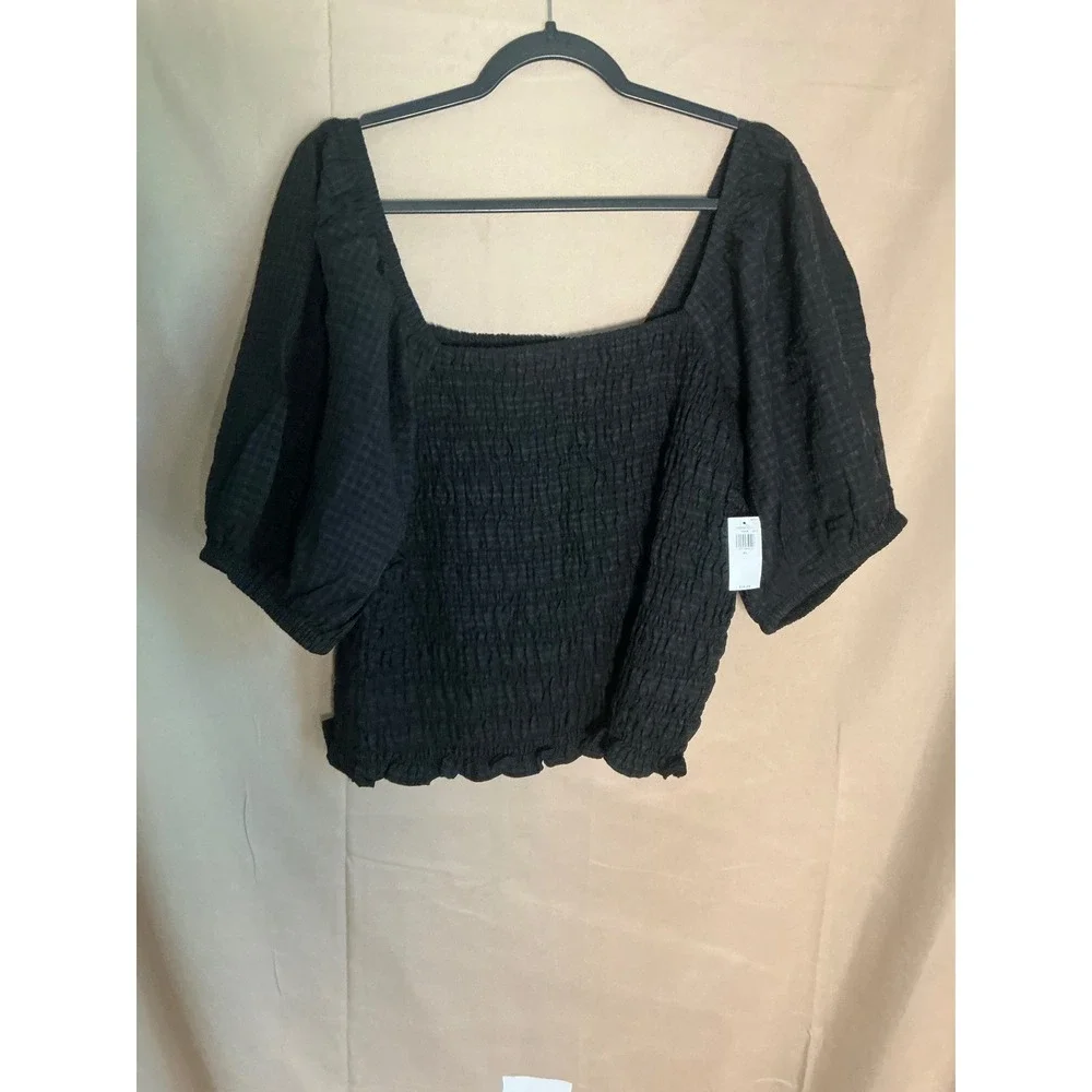 Old Navy Smocked Puff Sleeve Top Women XL Black NEW Gingham Square Neck Ruffle